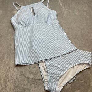 Ellen Tracy Tankini Swimsuit Two Piece Womens 12 Blue White Railroad Stripe NWOT